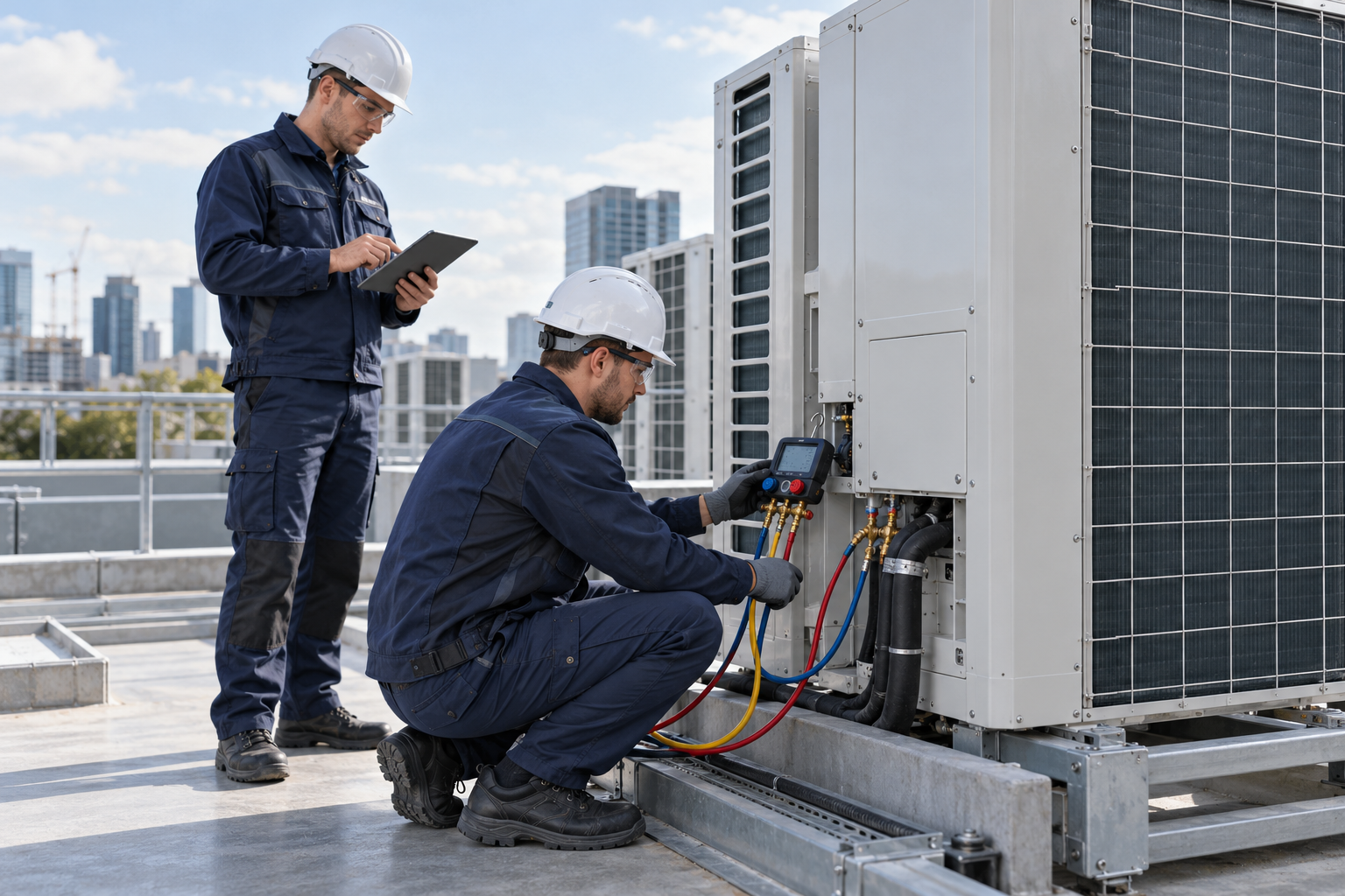 VRF sistemini ölçüm cihazıyla kontrol eden teknisyenler — yapay zekâ ile oluşturulmuş hizmet görseli VRF sistemini ölçüm cihazıyla kontrol eden teknisyenler — yapay zekâ ile oluşturulmuş hizmet görseli