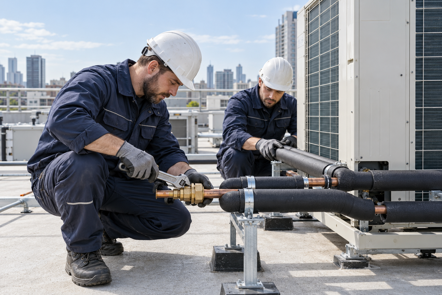 VRF boru montajında çalışan teknisyenler — yapay zekâ ile oluşturulmuş hizmet görseli VRF boru montajında çalışan teknisyenler — yapay zekâ ile oluşturulmuş hizmet görseli
